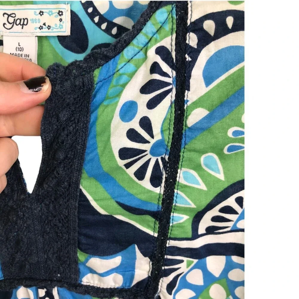 Gap Tunic Top Girls Large 10‎ Green Blue Paisley Boho Split Neck Crochet Trim